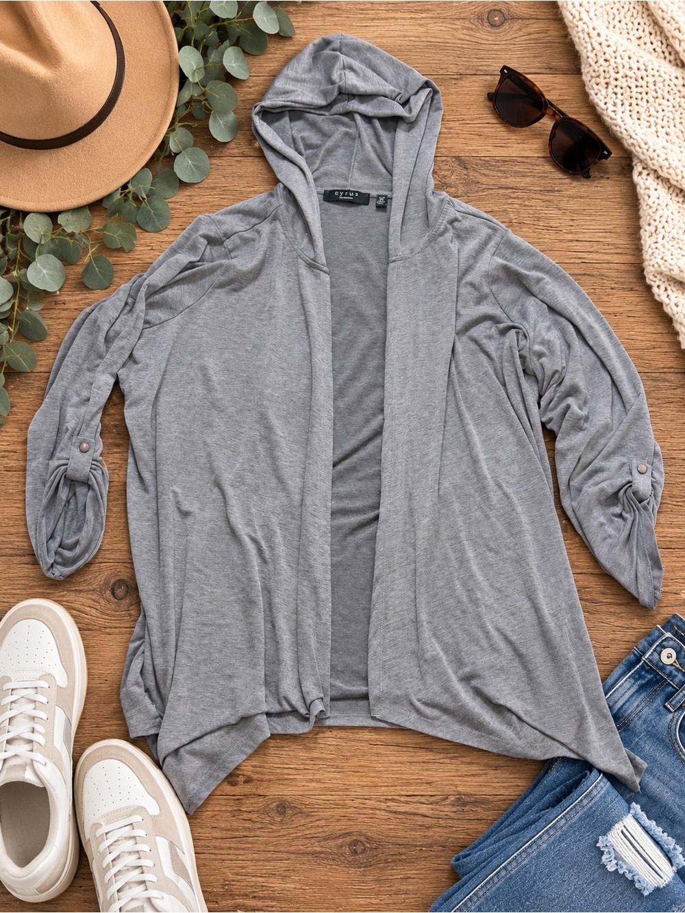 Cyrus Women’s 2X Gray Hooded Open Front Cardigan Lightweight